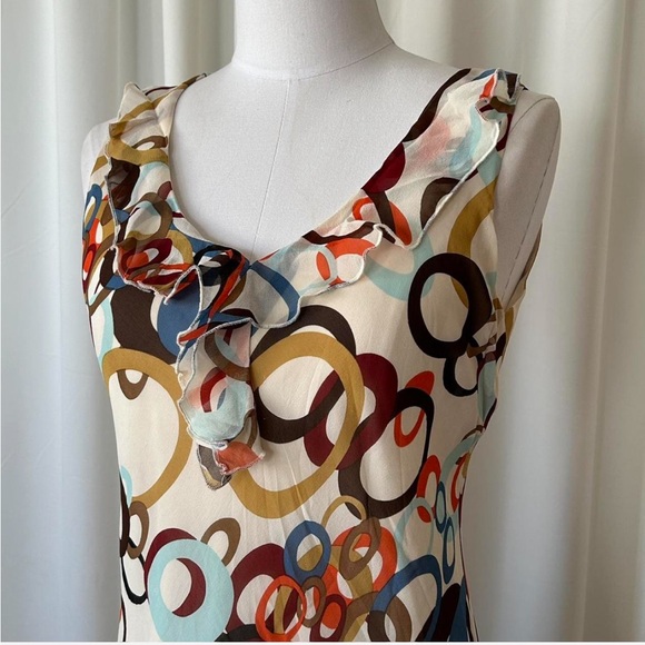 Vintage Y2K Lapis 100% Silk Geometric Print Dress Ruffle Neckline Retro Medium. - Picture 4 of 7